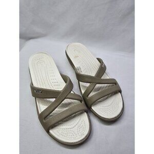 CROCS Patricia II Womens Size 10 Tan/white Criss Cross Low Wedge Sandals